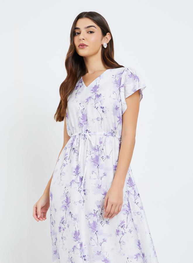 Women Lilac Floral Print Short Sleeves Maxi Dress